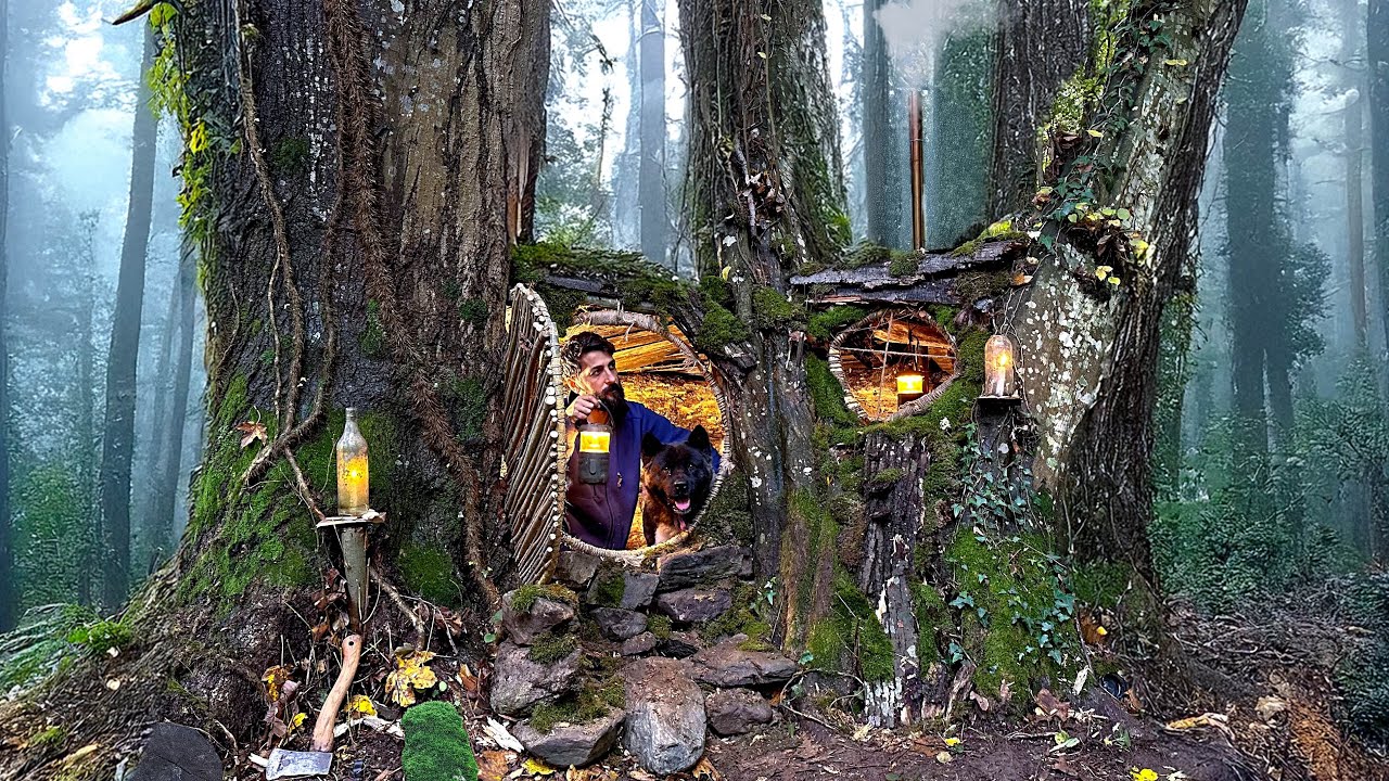 3 Days SOLO SURVIVAL CAMPING In RAIN; Building Warm BUSHCRAFT SHELTER. TREE House. Fish Cooking img